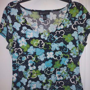 Petite scoop top, PM, black w/blue,green, white flowers, sparkly beading